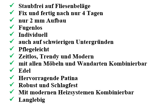 Liste von Eigenschaften: robust, modern, vielseitig kombinierbar, langlebig, edel.