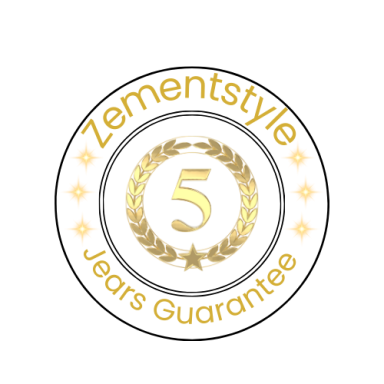Zementstyle fünf Jahre Garantie mit goldener Schrift und Lorbeerkranz.