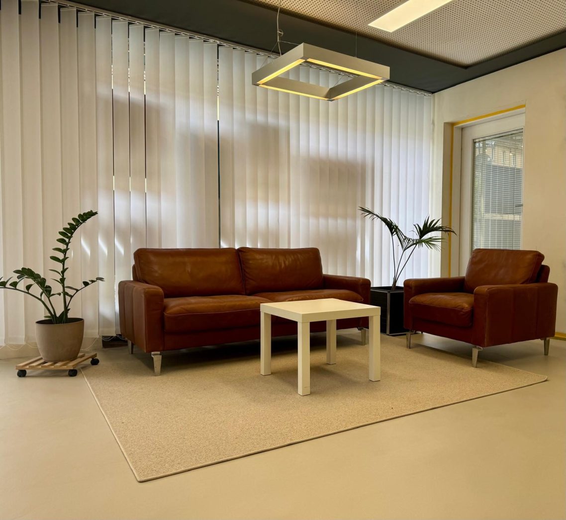 Ein Modernes, Lichtdurchflutetes Studio mit einem Grauen Stylischen Zementboden von Zementstyle. Mit einer Modernen Ledercouch
