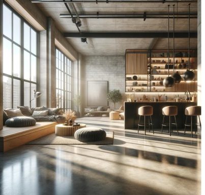 Heller, moderner Wohnraum mit großen Fenstern, minimalistischer Einrichtung und Holzbar.