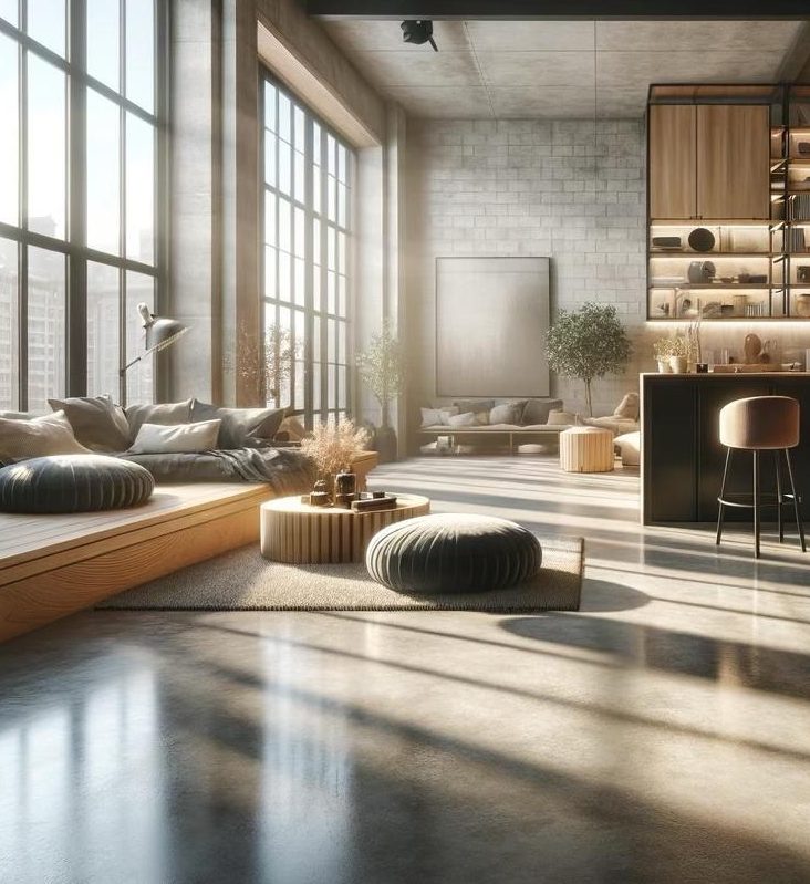 Schöner grauer Microzementbelag und Moderne Wohnzimmereinrichtung mit beigem Sofa, Glastisch und Pflanzen.