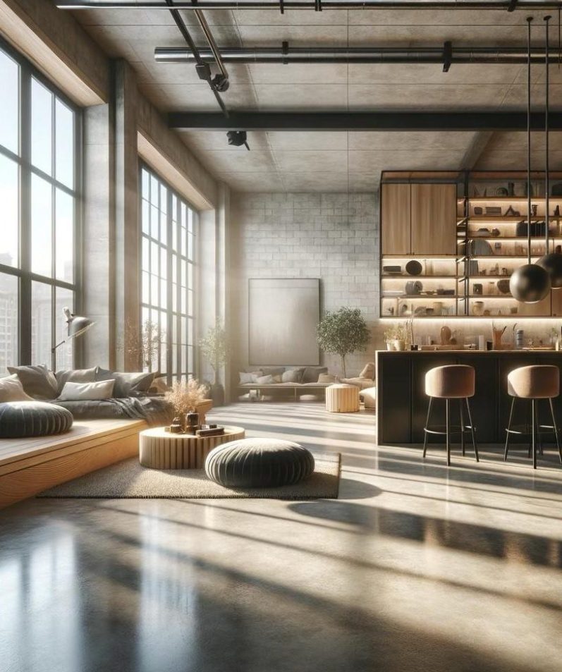 Schöner grauer Microzement Boden und Moderne Wohnzimmereinrichtung mit beigem Sofa, Glastisch und Pflanzen.