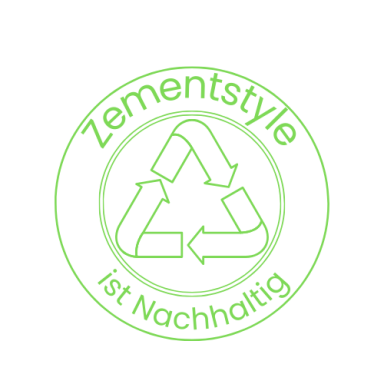 Zementstyle-Logo mit dem Text "Ist Nachhaltig" und einem Recycling-Symbol.