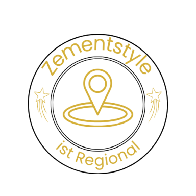 Logo von Zementstyle mit regionalem Bezug und Standortmarker in der Mitte.