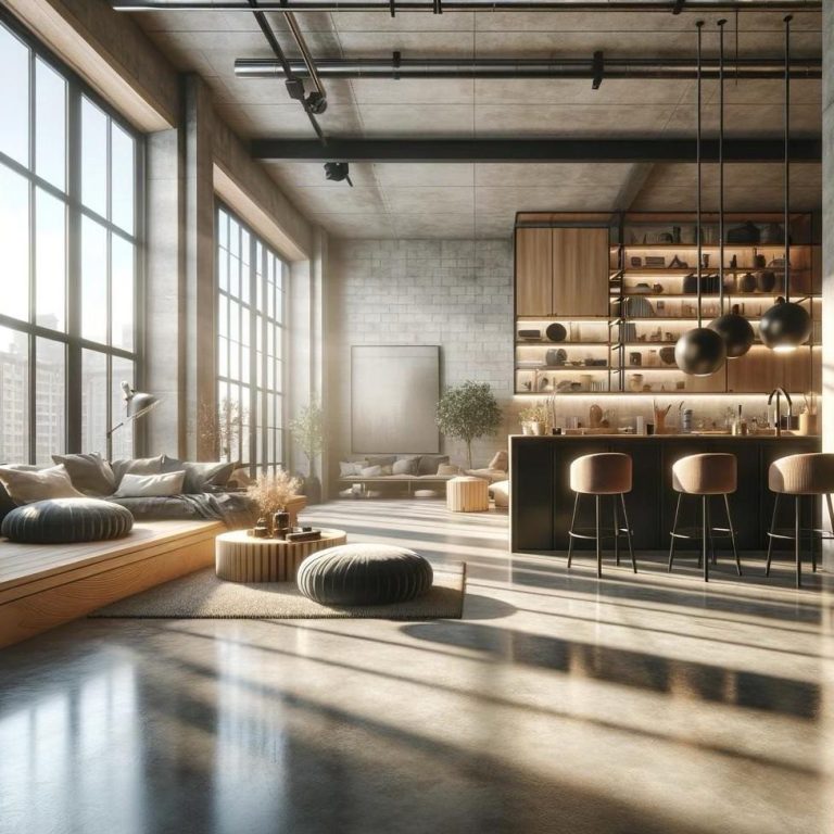 Modernes Loft mit großen Fenstern, Holz- und Betonkonstruktionen, gemütlichen Sitzbereichen und einem Mikrozement Boden.
