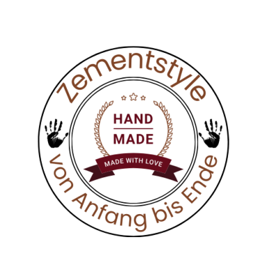 Logo von Zementstyle, mit dem Text "Handmade von Anfang bis Ende" und Handabdrücken.